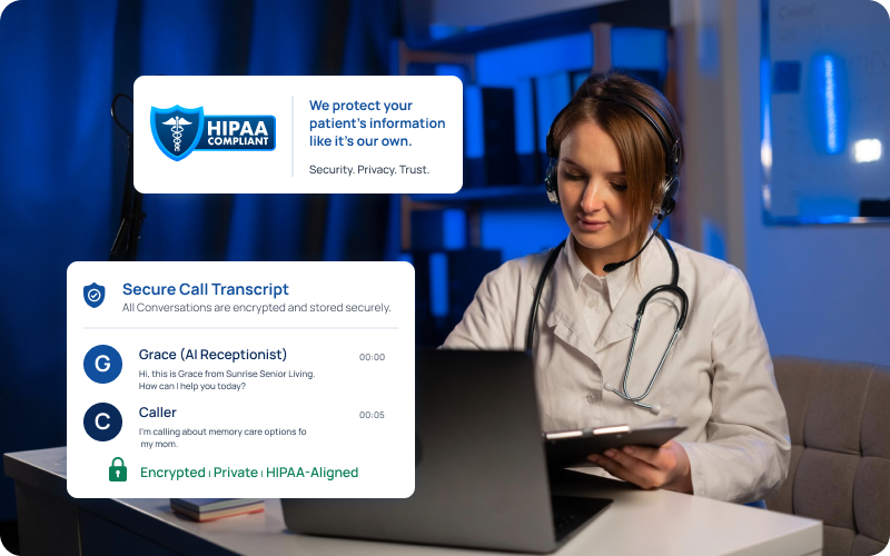 HIPAA-aligned secure handling of caller data and encrypted transcripts inside the eCareVoice platform