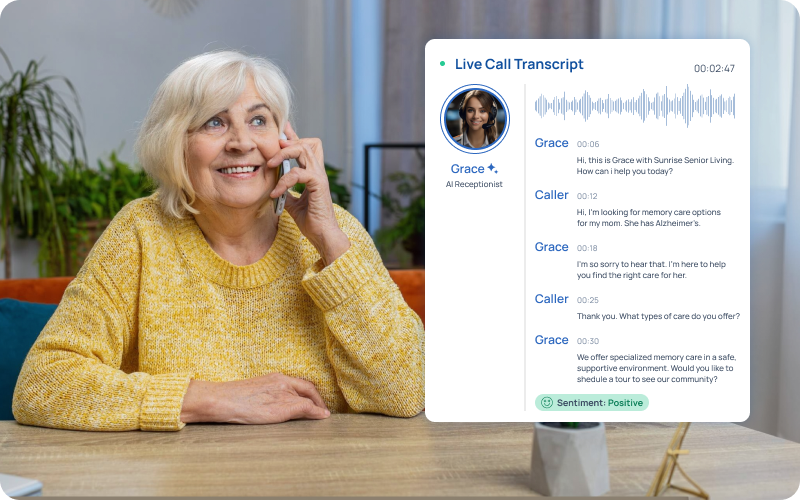 eCareVoice holding a warm, natural conversation with a family caller about memory care
