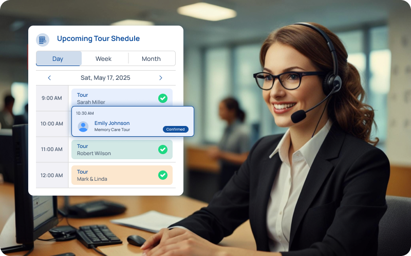 eCareVoice scheduling a community tour live on a phone call and writing it into the calendar