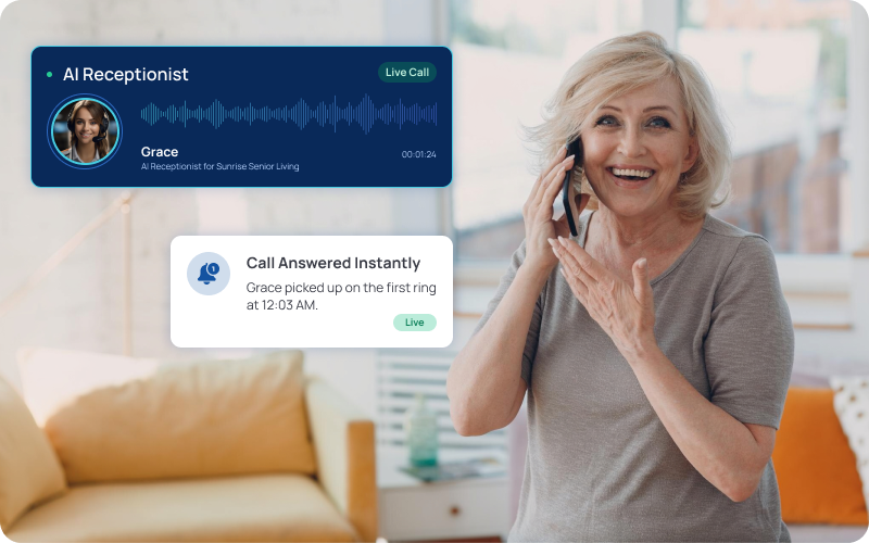 eCareVoice AI receptionist answering an after-hours inbound call to a senior care community — 24/7 availability